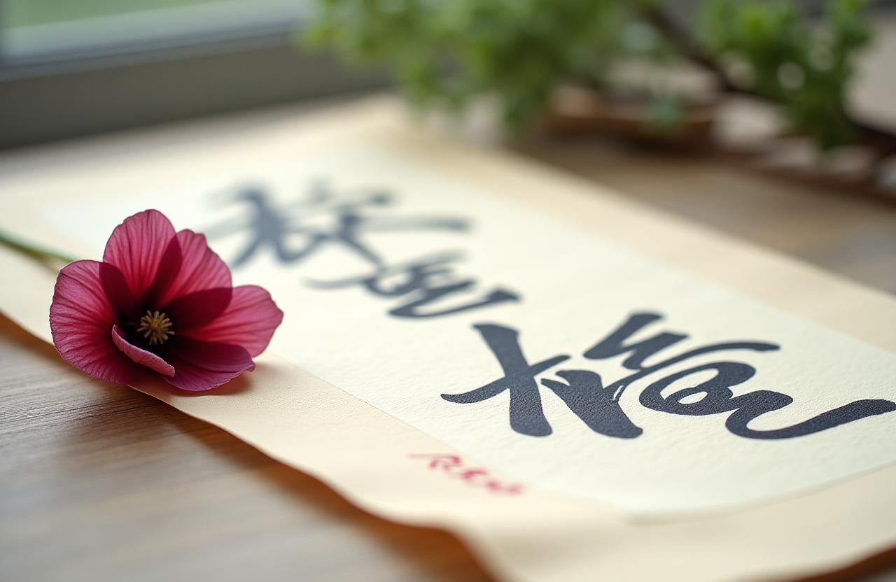 A delicate Ikebana arrangement next to Japanese calligraphy on textured washi paper.