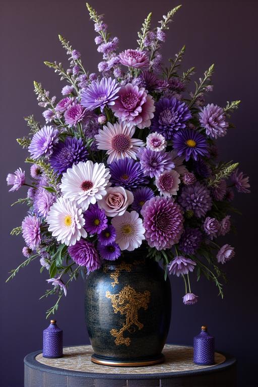 An opulent and complex floral arrangement with purple hues inspired by The Tale of Genji.