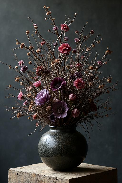 A chaotic yet beautiful arrangement with tangled vines and dark flowers, inspired by Rashomon.