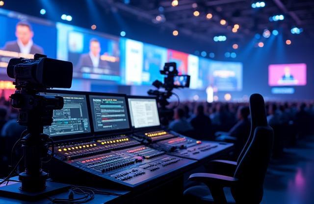 大規模な会議でプロのライブストリーミング機器が使用されている様子