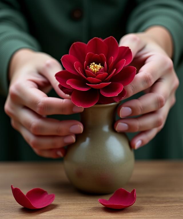 Artist's hands delicately placing a camellia flower in a ceramic vase.